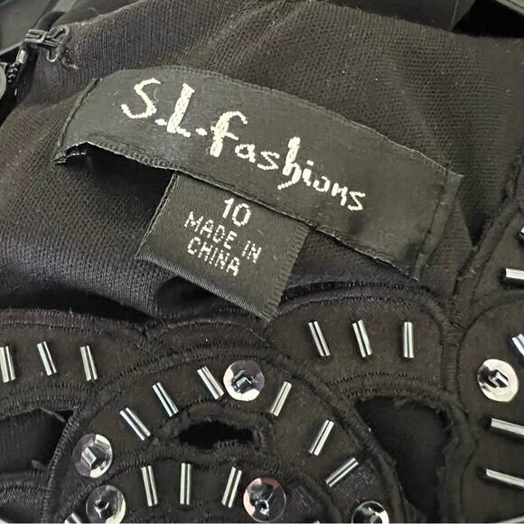 Black Sequin Beaded Yoke Tiered Sleeveless Dress Size 10 - Picture 9 of 11